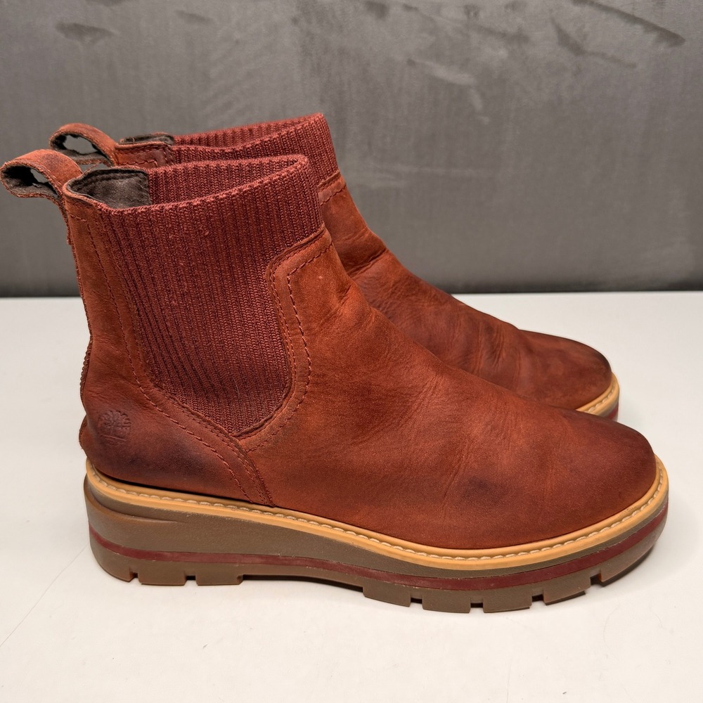 Timberland Cervinia Valley Chelsea Boot Womens 8 Rust Nubuck Leather Knit Collar